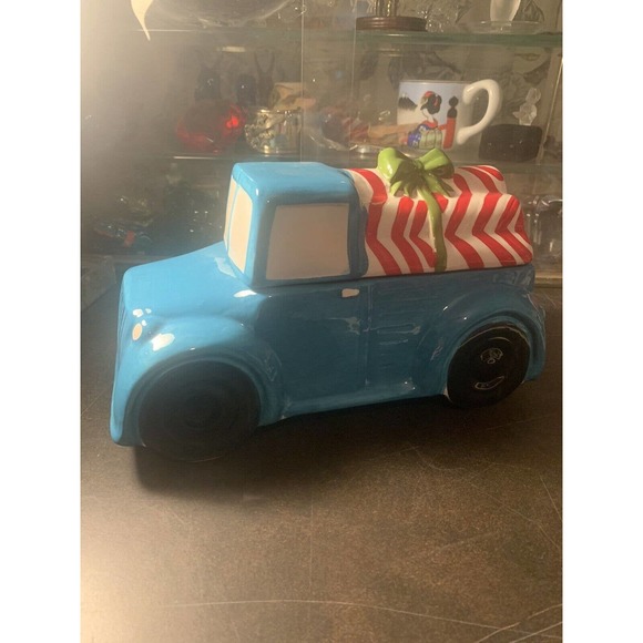 World Market Ceramic Blue Pick-Up Truck Cookie Jar w/Candy Cane Logs - Picture 5 of 10
